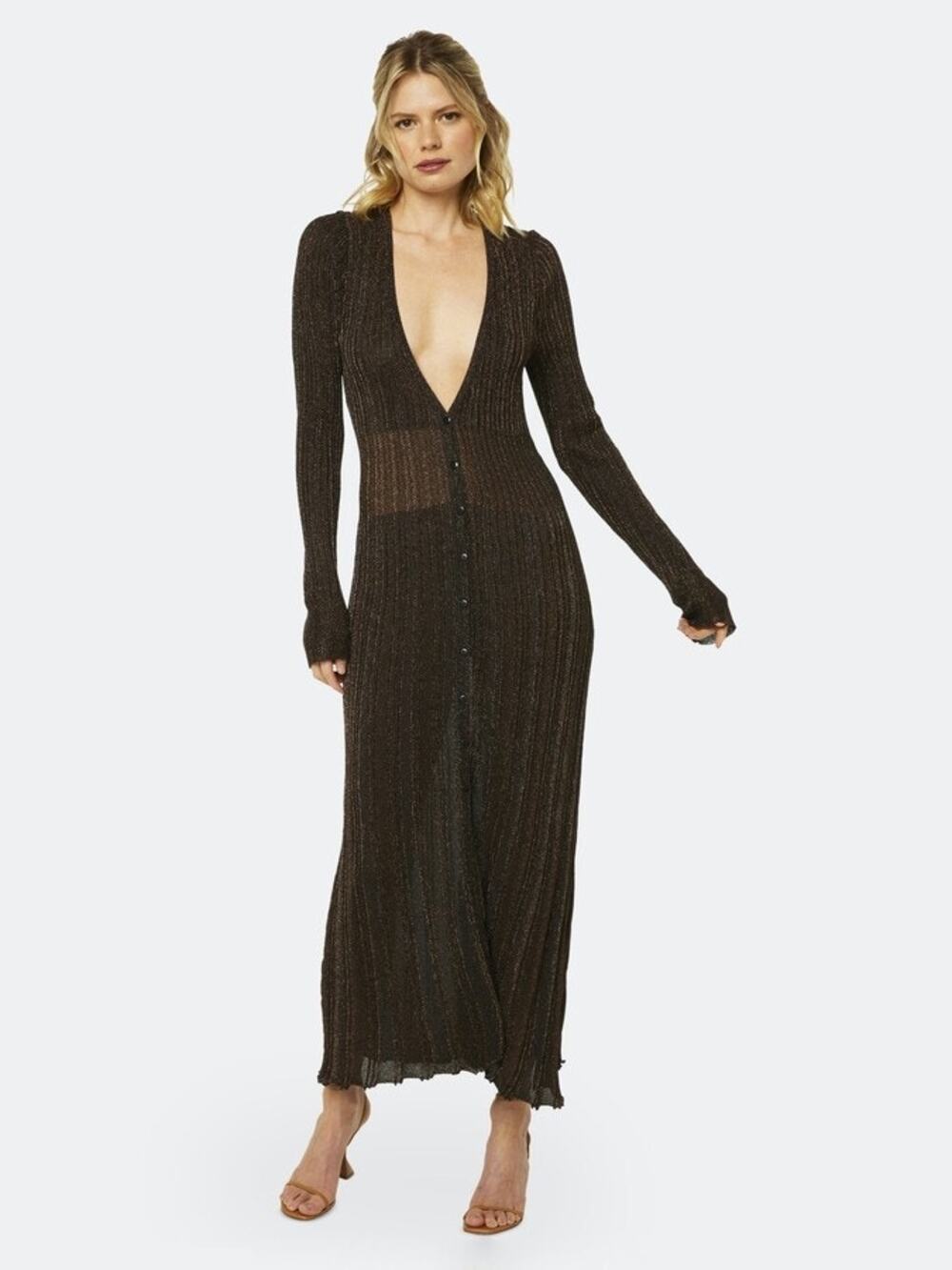MISA Rafael Brown Metallic Sheer Knit Long Sleeve Button Front Duster Dress XS
